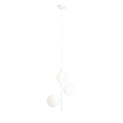 Lampa wisząca biała z 3 kulkami umieszczonymi wokół osi.