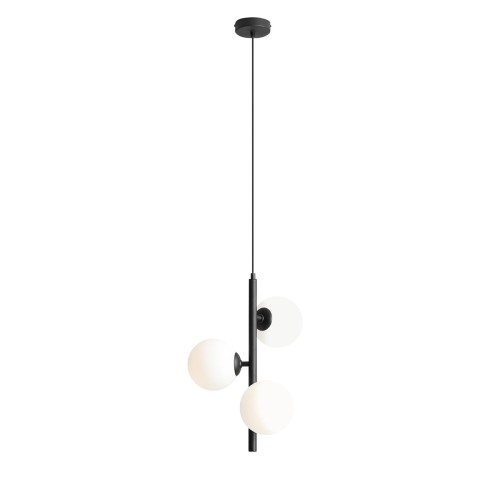 Lampa wisząca pionowa czarna z 3 białymi kulami do pokoju i jadalni.