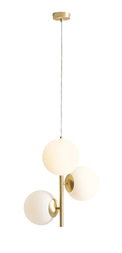 Nowoczesna i modna lampa wisząca w kolorze złotym z 3 kulkami białymi umieszczonymi w osi lampy.