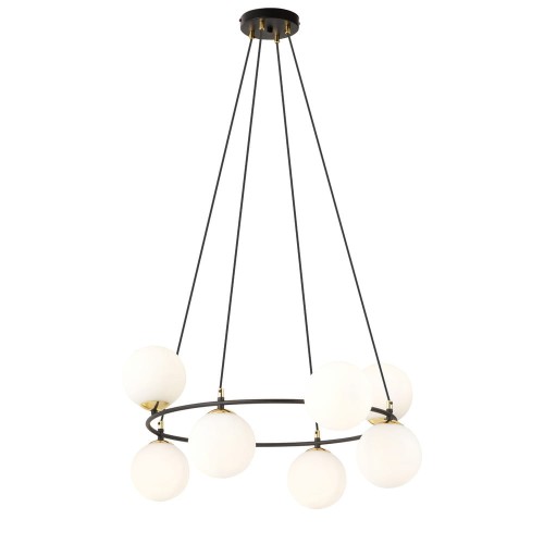 Lampa wisząca do salonu typu ring z białymi kloszami kulkami.