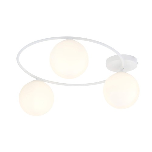 Biała lampa na sufit z kulkami szklanymi w kolorze mlecznobiałym.