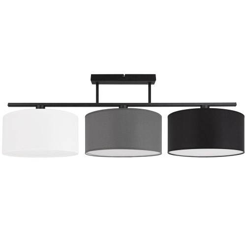 Lampa nad stół z trzema abażurami w kolorze białym czarnym i szarym.