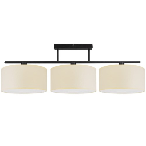 Szeroka lampa przysufitowa z 3 abażurami w kolorze ecru.