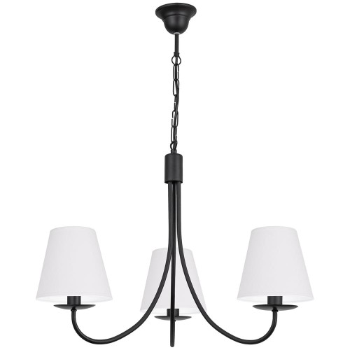 Klasyczny czarny żyrandol na 3 żarówki z białymi abażurkami.