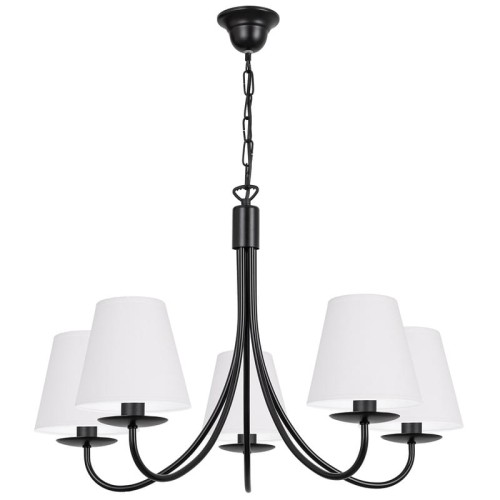 Klasyczny czarny żyrandol z białymi abażurami.