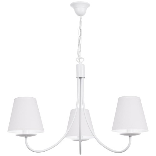 Biały żyrandol z białymi abażurkami.