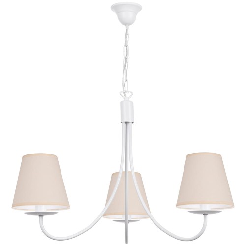 Biały żyrandol z abażurami w kolorze jasnobeżowym do pokoju i jadalni.