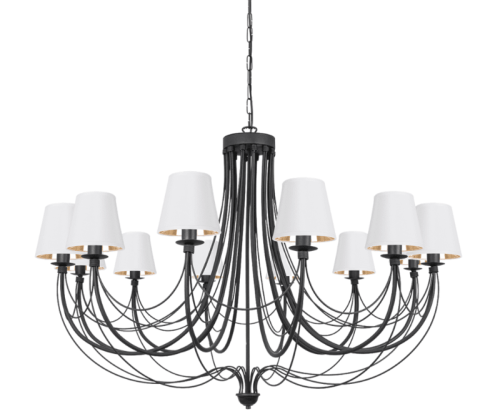 Duża lampa wisząca - żyrandol z abażurkami. Żyrandol ma klasyczną formę, a abażury biało-złote.