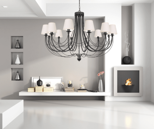 Duża lampa klasyczna z abażurkami do wysokiego salonu i nad antresolę.