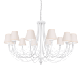 Duży biały żyrandol do wysokiego salonu i jadalni z abażurami w kolorze ecru.
