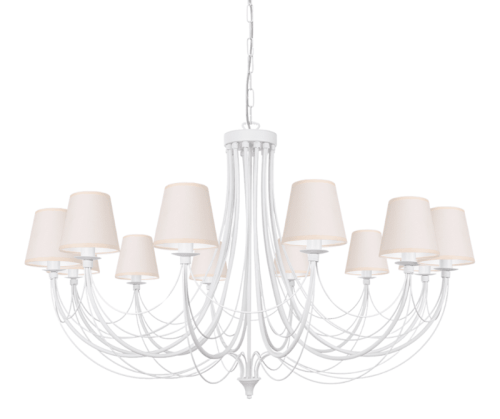 Duży biały żyrandol do wysokiego salonu i jadalni z abażurami w kolorze ecru.