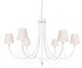 Żyrandol biały duży z abażurkami w kolorze bezowym ecru.