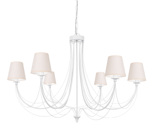 Żyrandol biały duży z abażurkami w kolorze bezowym ecru.