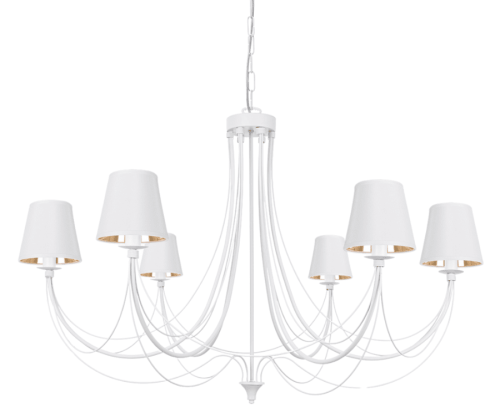 Elegancki biało-złoty duży żyrandol do wysokiego salonu i jadalni.