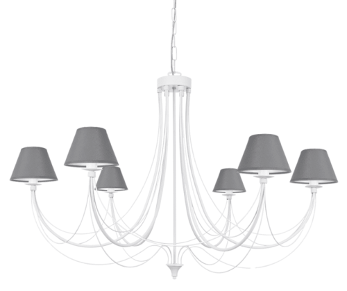 Elegancka duża biała lampa z szarymi klosikami. Lampa do wysokiego salonu i jadalni nad stół.