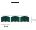 Szeroka lampa nad stół bilardowy lub bufet w kolorze butelkowej zieleni i matowego złota. 3 duże abażury wiszą na poziomej belce.