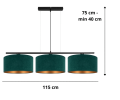 Elegancka, szeroka i pozioma lampa wisząca z 3 dużymi abażurami w kolorze butelkowej zieleni.