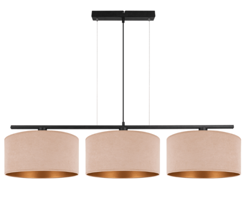 Szeroka lampa beżowo-złota z 3 welurowymi dużymi abażurami.