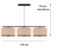 Nowoczesna i elegancka lampa wisząca z 3 dużymi i welurowymi abażurami w kolorze beżowo-złotym.