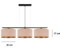 Szeroka lampa nad stół do salonu. Trzy duże abażury welurowe w kolorze beżowo-złotym wiszą na poziomej belce.