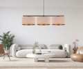 Lampa nowoczesna i szeroka do nowoczesnych salonów i jadalni. Trzy duże welurowe abażury w kolorze beżu i złota wiszą na poziomej belce.