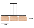 Lampa wisząca w poziomie z 3 dużymi abażurami o kształcie walca z rattanu.