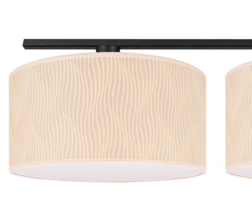 Duża i szeroka lampa nad stół z 3 abażurami w prążki w kolorze ecru- wanilia.