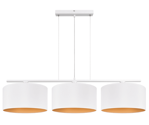 Duża i szeroka lampa nad stół do salonu z trzema dużymi abażurami w kolorystyce bieli i złota.