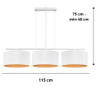 Podłużna lampa wisząca nad stół do salonu i jadalni. Trzy duże biało-złote abażury zawieszone są na poprzecznej belce.