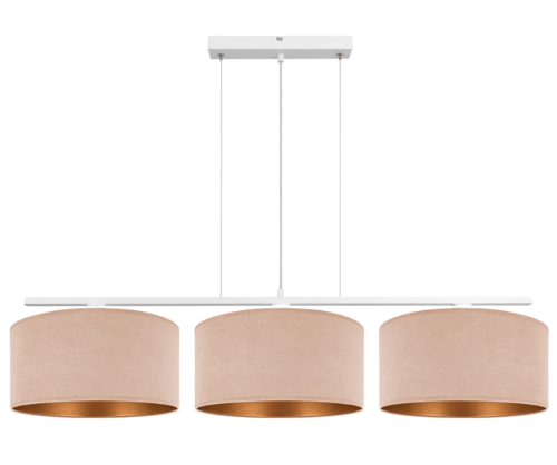 Szeroka lampa nad stół z dużymi abażurami w kolorze beżowym i złotym.