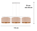 Lampa wisząca nowoczesna nad stół do jadalni i salonu. Trzy duże abażury w kolorze beżu i złota powieszone na poziomej białej belce.