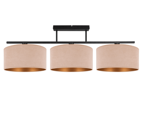 Nowoczesna lampa na sufit podłużna. Trzy duże welurowe abażury ze złotym środkiem.