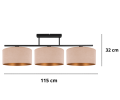 Trzy duże welurowe abażury w kolorze beżowym o złotym środku umieszczone na poprzecznej belce. Lampa na sufit.
