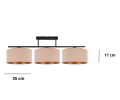 Lampa przysufitowa w kolorze beżowo-złotym. 3 duże welurowe abażury na poprzecznej belce.