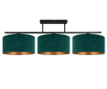 Podłużna i szeroka lampa na sufit z 3 dużymi welurowymi abażurami. Lampa ma klosze w kolorze butelkowej zieleni i złota.