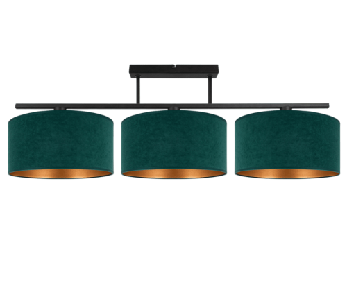 Podłużna i szeroka lampa na sufit z 3 dużymi welurowymi abażurami. Lampa ma klosze w kolorze butelkowej zieleni i złota.