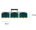 Trzy duże welurowe abażury umieszczone na poprzecznej belce. Lampa przysufitowa do niskich salonów i jadalni w kolorze butelkowej zieleni.