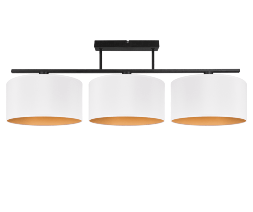 Nowoczesna i szeroka lampa na sufit z 3 dużymi abażurami w kolorze białym i złotym.
