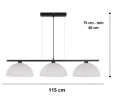 Lampa szeroka i podłużna nad stół do jadalni i salonu z 3 kloszami dużymi w kolorze białym matowym.
