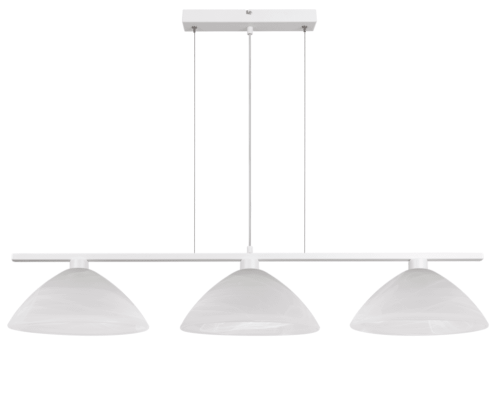 Biała lampa wisząca ze szklanymi kloszami.