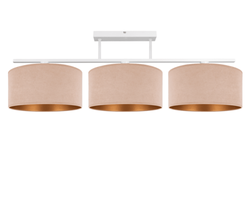 Nowoczesna i elegancka lampa na sufit z 3 dużymi abażurami beżowo-złotymi.