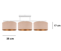 Lampa do niskich salonów nad stół z trzema dużymi abażurami w kolorze beżowo-złotym.