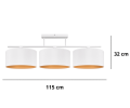 Biało-złota lampa przysufitowa. Trzy duże abażury umieszczone na belce poziomej.
