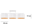 Lampa na sufit do niskich salonów i jadalni. Trzy duże biało-złote abażury umieszczone na belce.