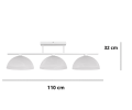 Pozioma i szeroka lampa przysufitowa nad stół do jadalni. 3 szklane białe klosze.