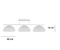 Pozioma szeroka biała lampa na sufit do jadalni. 3 duże białe klosze szklane na poprzecznej belce.