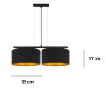 Lampa wisząca na linkach z dwoma dużymi abażurami. Klosze czarne wewnątrz złote.