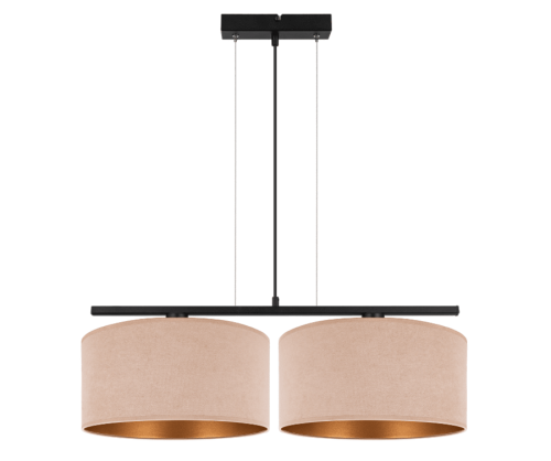 Nowoczesna lampa wisząca w kolorze beżowo-złotym.