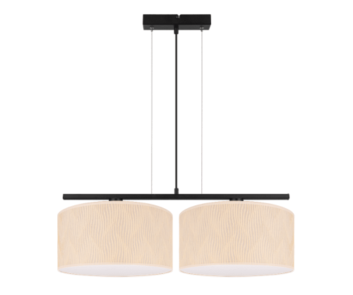 Lampa wisząca dwupunktowa z abażurami. Abażury duże w kolorze kremowym - ecru w drobne paseczki.