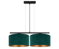 Lampa wisząca nowoczesna z 2 dużymi abażurami z weluru w kolorze butelkowej zieleni i złota.